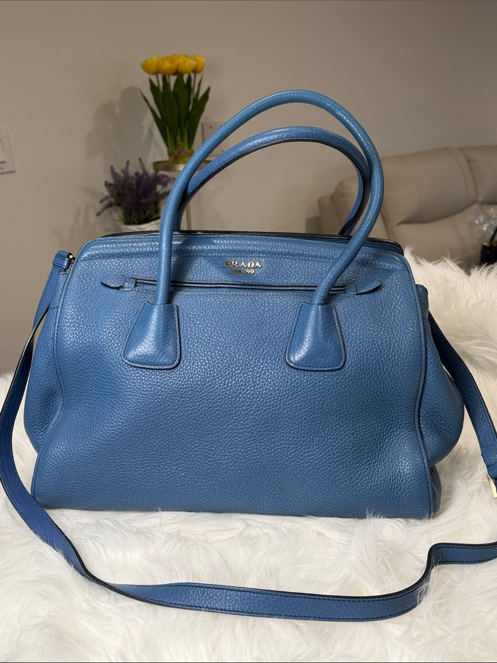 Prada Blue Pebbled Leather Two-Way Satchel Shoulder Bag